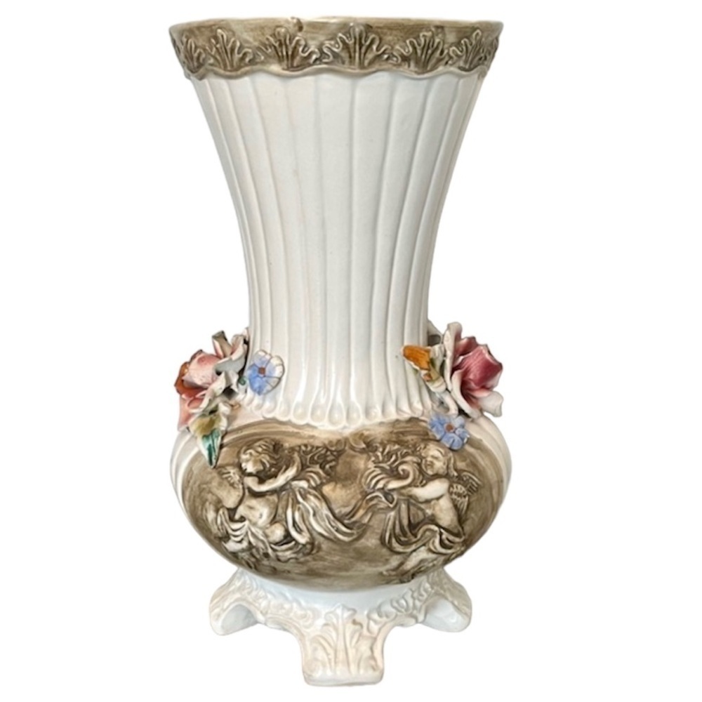 Vintage Capodimonte Large Footed Flower VASE Porcelain ITALY 12” x 7.2” Cherubs